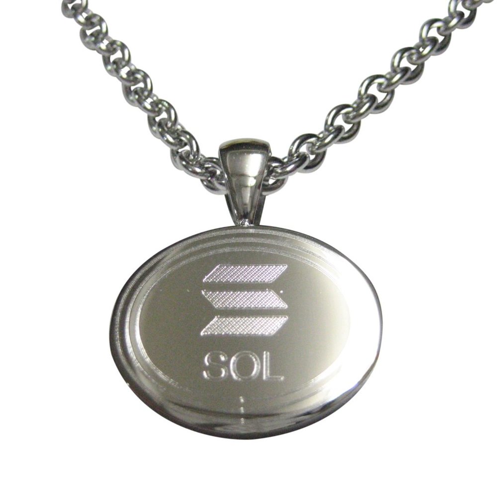 Silver Toned Oval Etched Solana Coin Cryptocurrency Blockchain Pendant Necklace